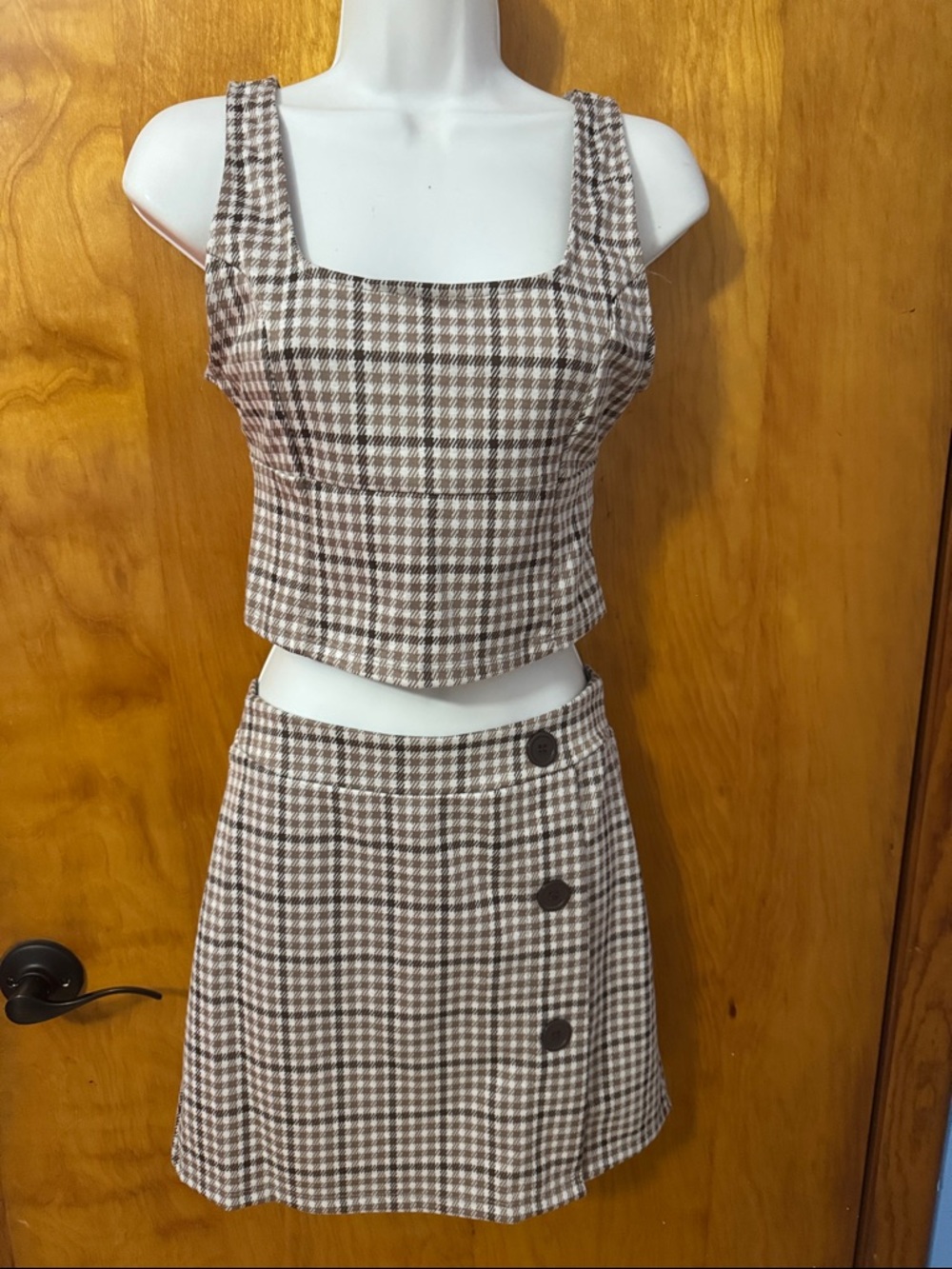 Pink Rose Brown Plaid Mini Skirt & Top